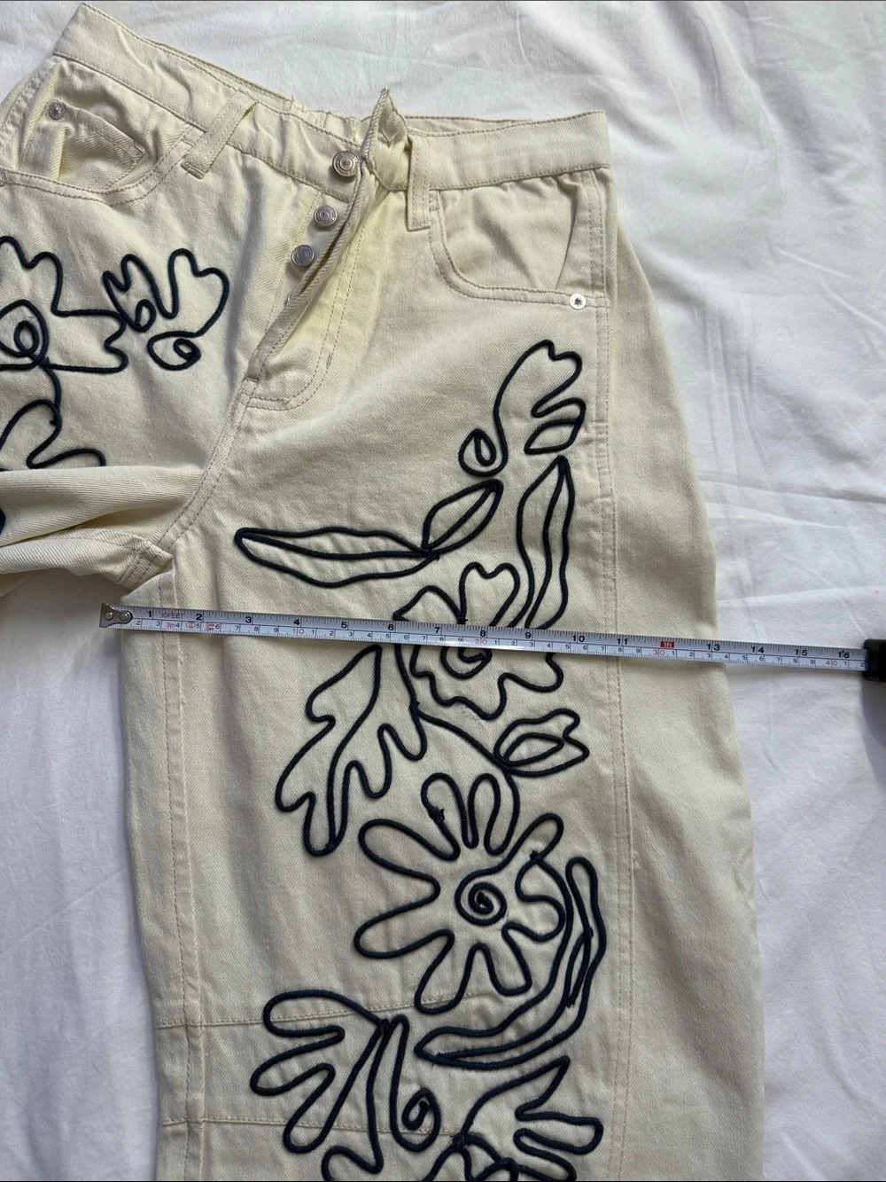 We The Free Cream Jeans with Black Floral Outline Embroidery - Picture 5 of 16